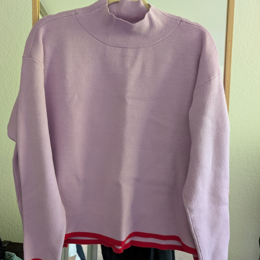 Maeve Lilac Mock Neck Sweater with Red Stripe Hem